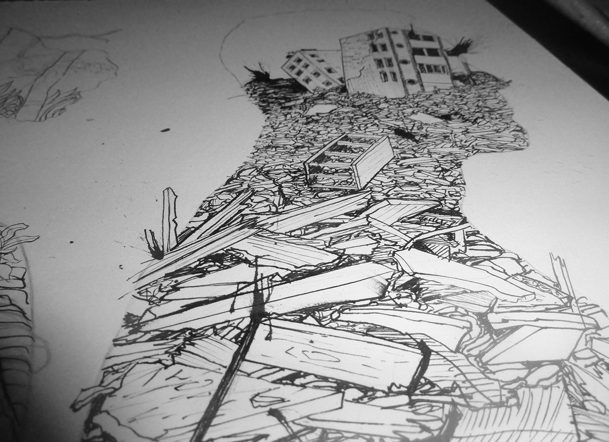 man woman Dystopia pen and ink paper nib pen Nature rubble