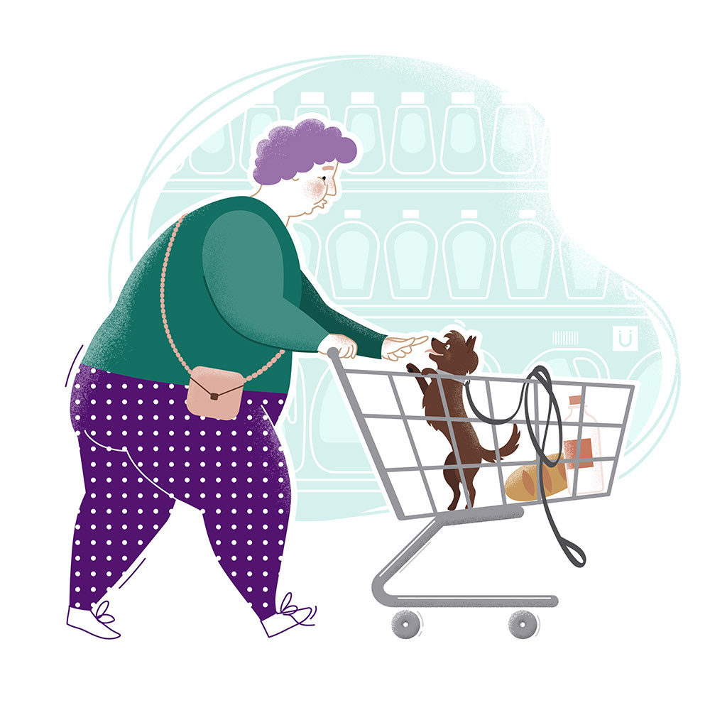 illustration of plus size middle aged woman pushing shopping cart with little dog in it