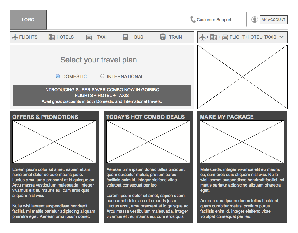 Microsite Concept Travel Combo Fight+Hotel+Taxi booking prototype Flight Booking hotel booking taxi booking wireframing