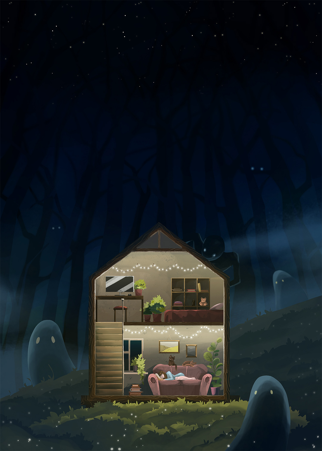 cozy creepy dark Digital Art  Fairy Lights fantasy forest house Magic   spooky