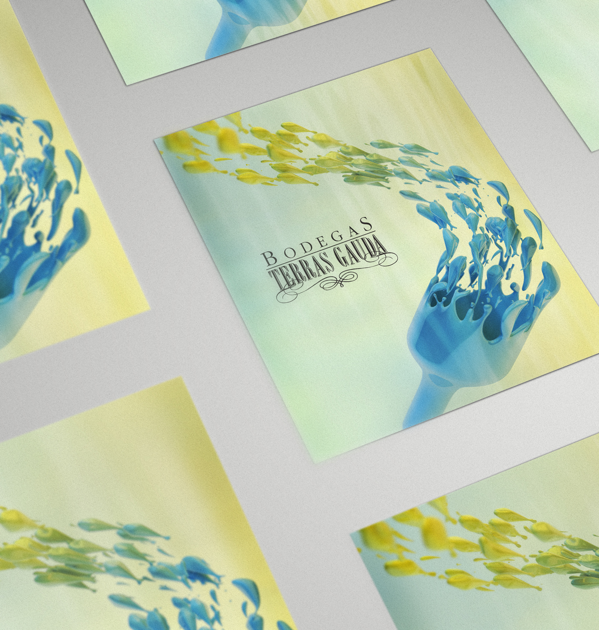 wine fish yellow blue 3D cinema 4d swirl vineyard bodegas terras gauda abstract graphic design CGI