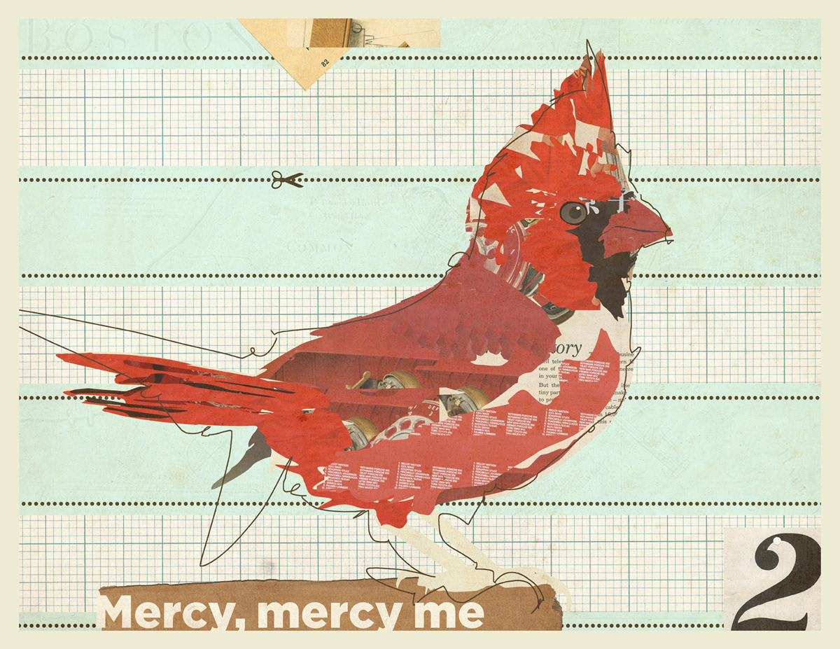 collage mixed media print Print Media print illustration Web Media cut paper abstract birds cardinal chef