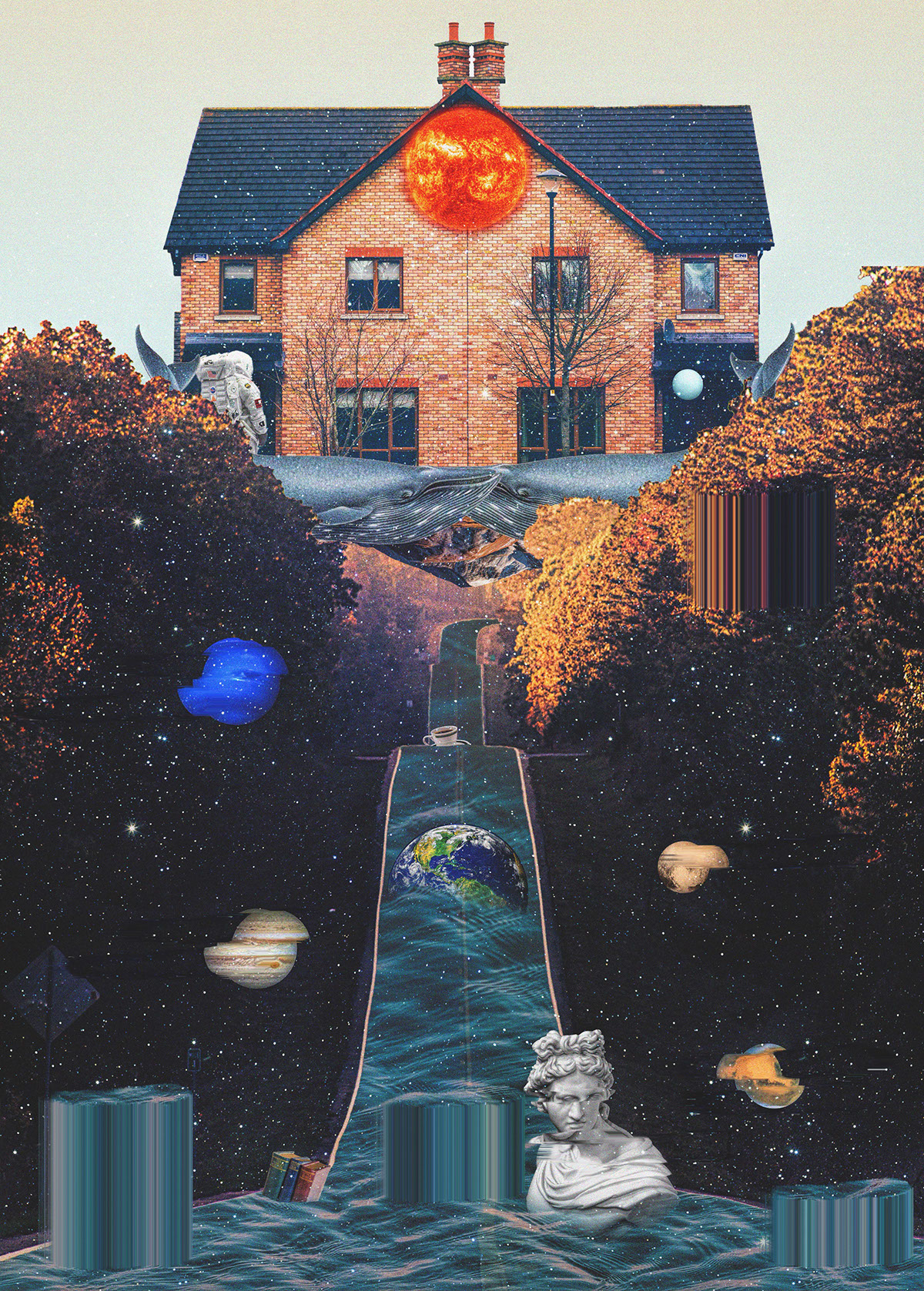 collage house Sun lost water road Space  art digital Whale