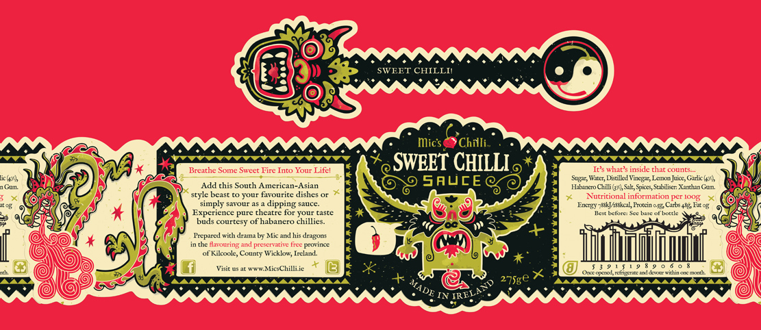 label design Chilli sauce oriental dragon Retro Fun illustrative design illustrated barcode illustrated designed