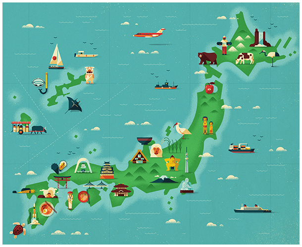 japan Monocle map vector texture vintage Island land Ocean Coast ship Aeroplane Food  Landmarks animals