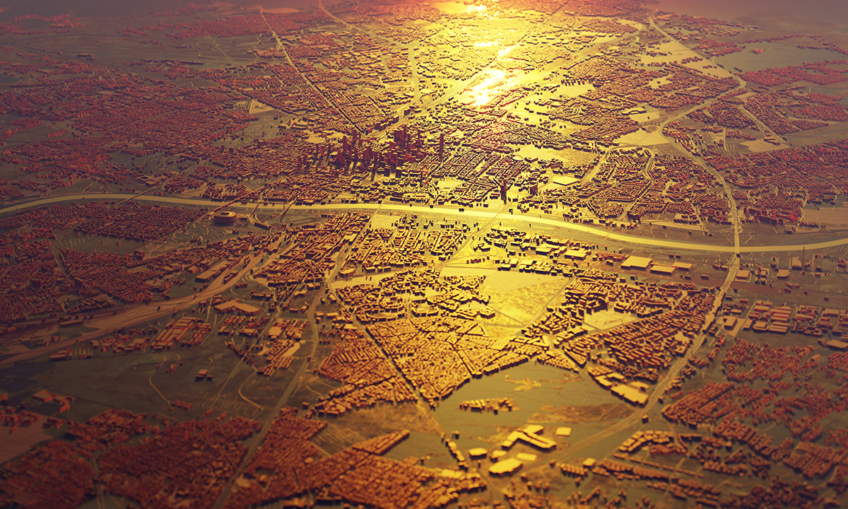 blender city cycles gold map OSM warsaw Landscape smog 3D