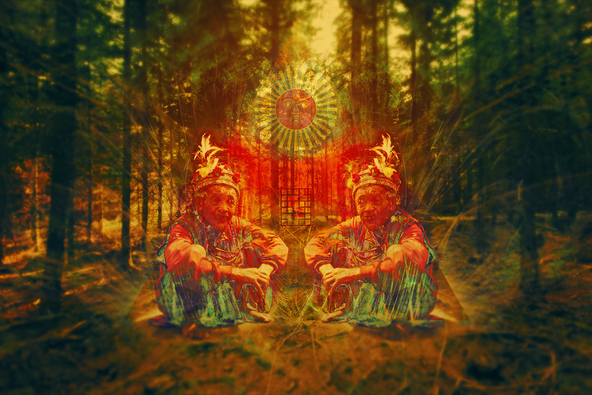 collage visionary sacred ritual Pueblos originarios memoria shaman chaman Ancient