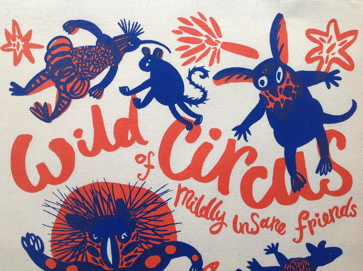Circus Tote Bags printmaking silkscreen gift celebration animals fauna orange blue hand-lettering natalya balnova apparel