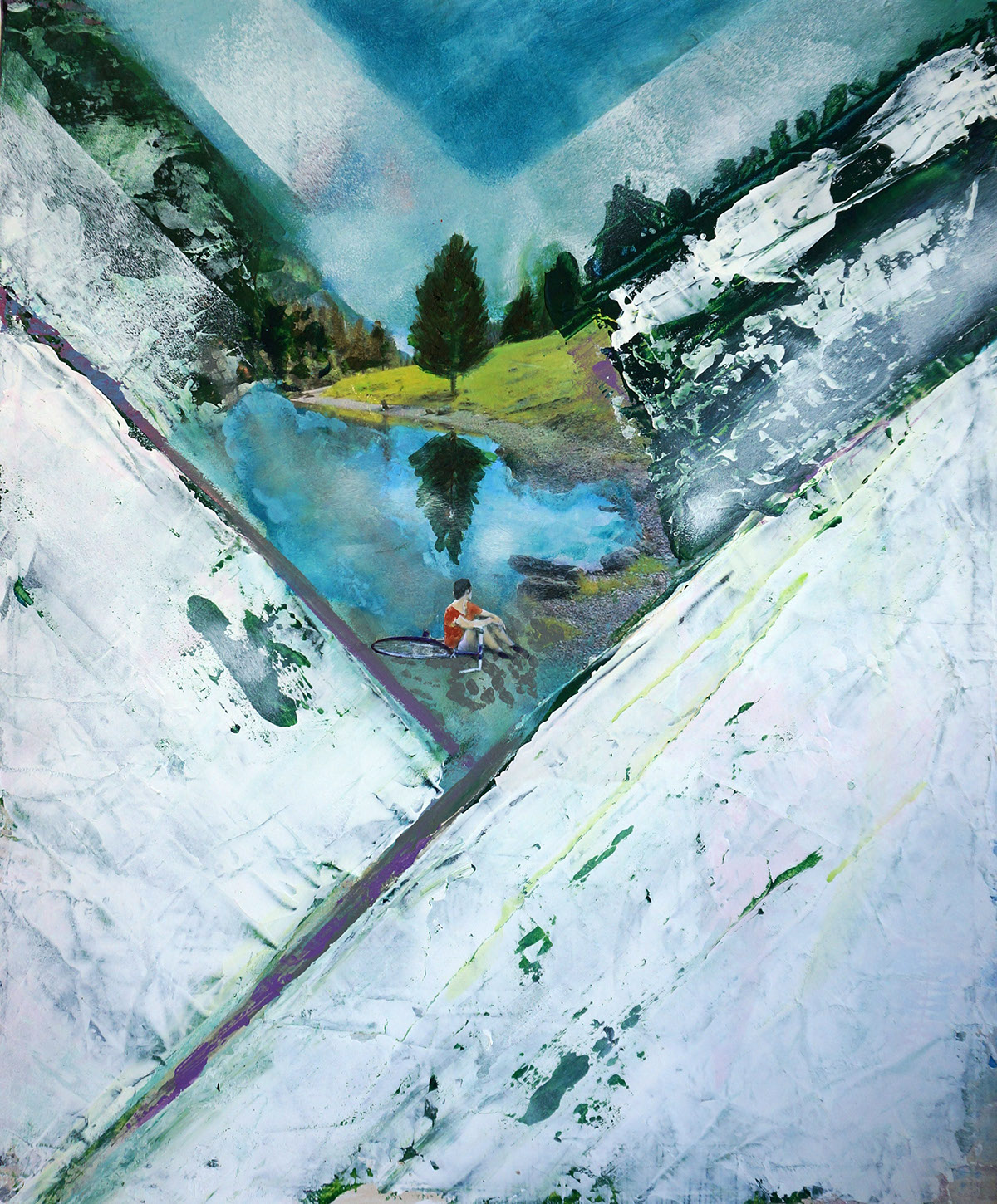 mountain mixed media collage Landscape Nature White geometry loneliness woman mirrors