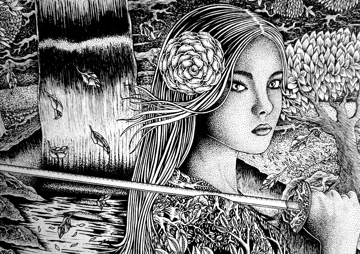 ronin samurai rose Landscape homeless ink blackandwhite art artwork Sword woman water Fall loneliness displaced
