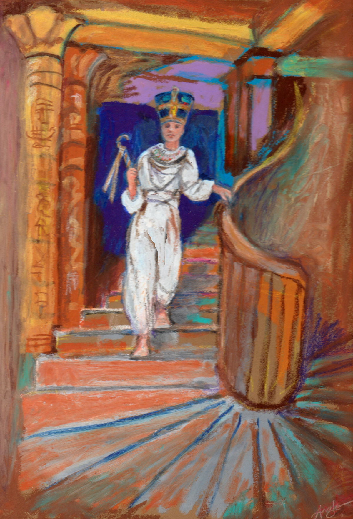 Drawing  egyptian godess oil pastel descending stairs