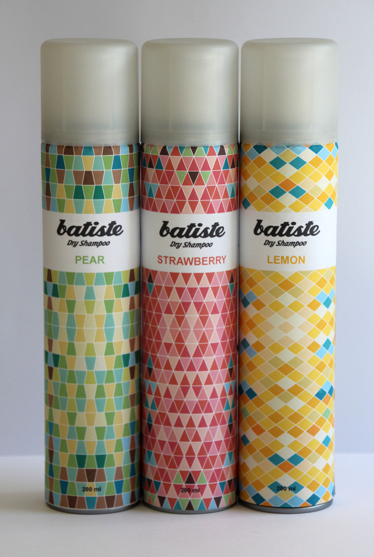 Batiste Batiste Dry Shampoo shampoo green Pear red strawberry yellow lemon Fruit pattern neo geo Triangles geometry