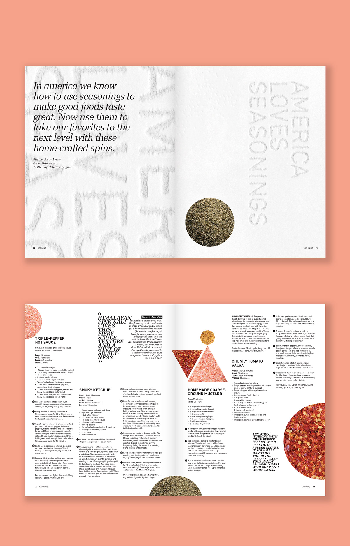 Salt seasonings pink salt writing editorial spread recipes condiments Food Magazine handmade typography