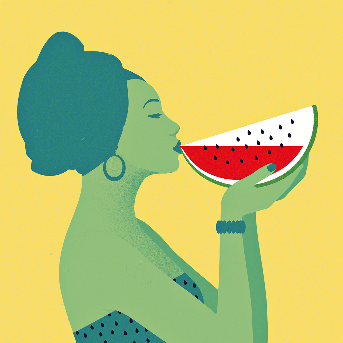 Graphical illustration of a woman drinking from a slice watermelon