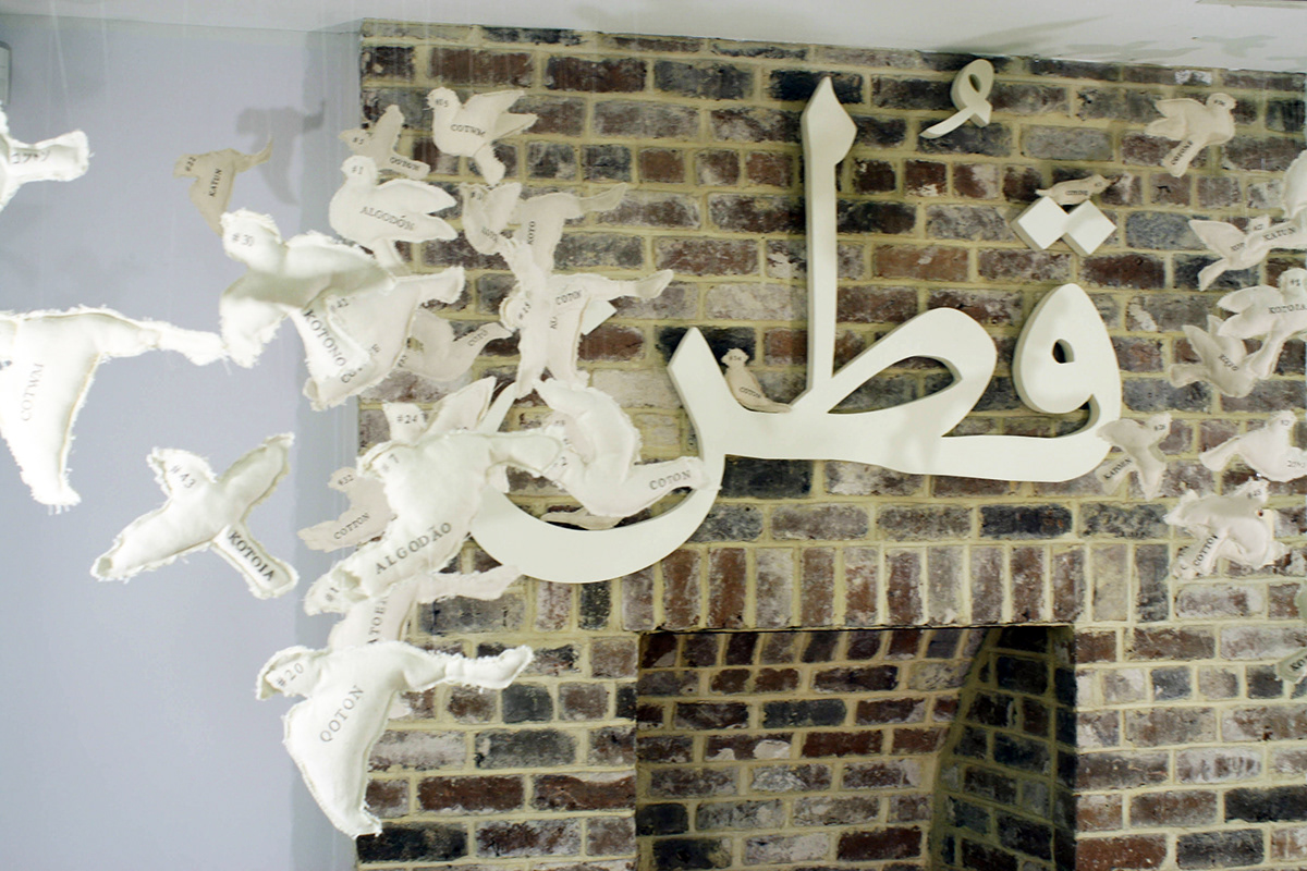 cotton  arabic birds installation contemporary Origin language culture roots kuton 50 birds sculpture wood