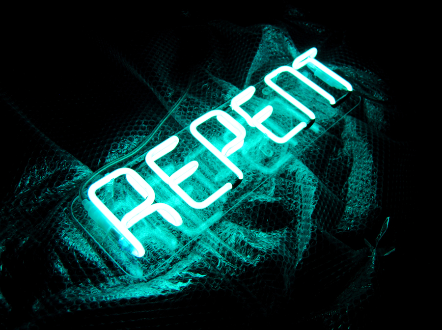 repent Exhibition  sculpture Diorama humorous pop neon