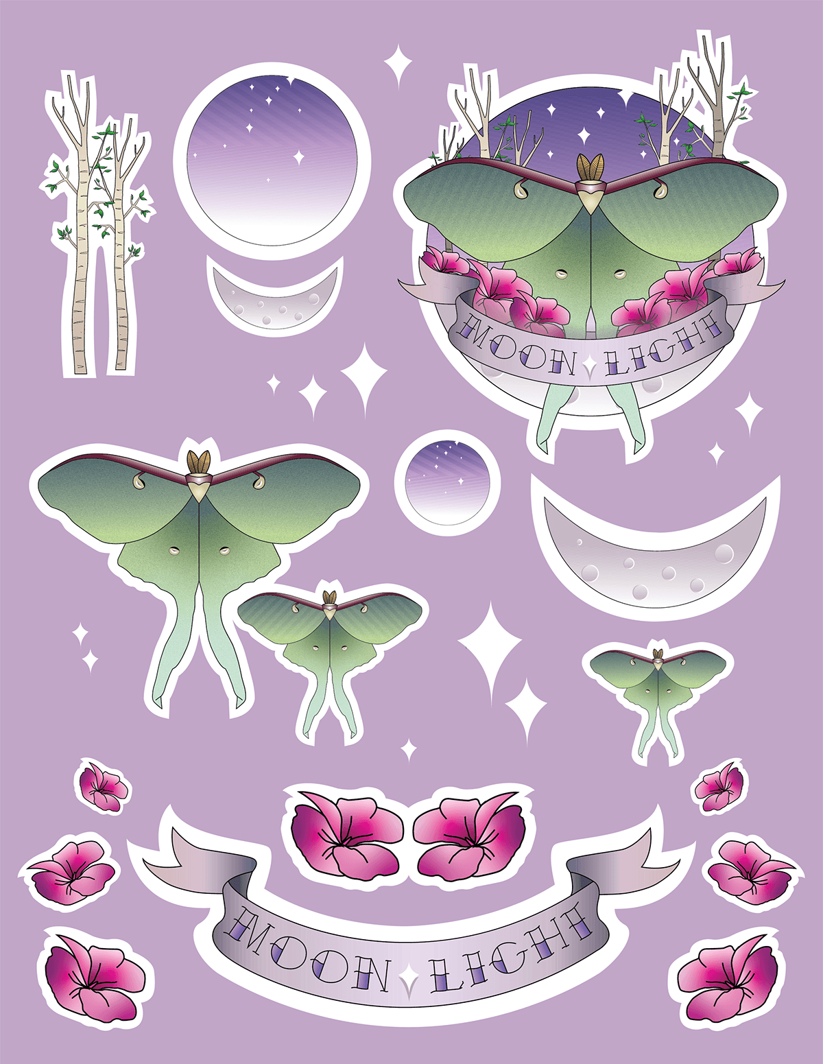 luna moth design stickers ILLUSTRATION  adobe illustrator