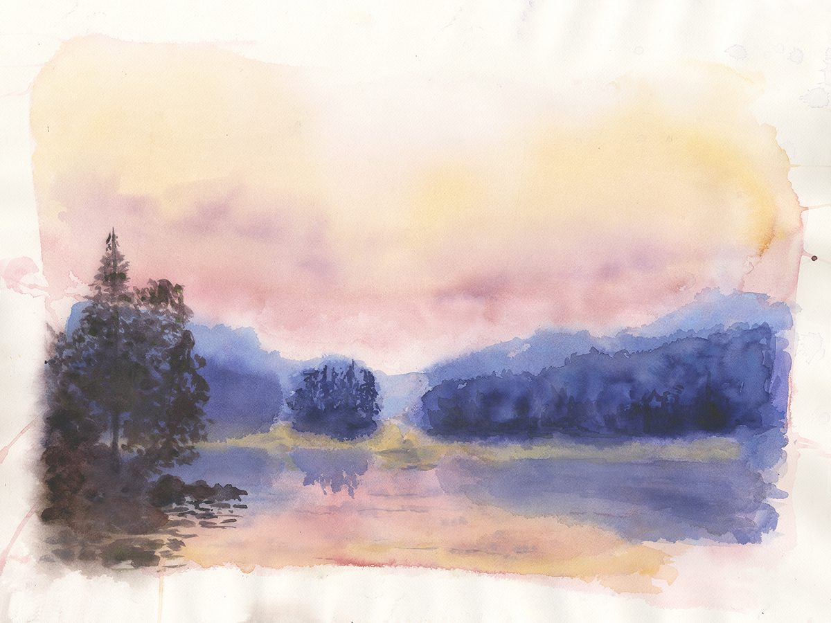 watercolor Landscape Painting wet on wet pink yellow
