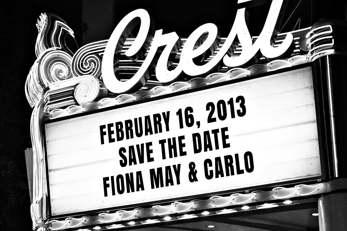 Fiona May Sarmiento Carlos Monpilla save the date wedding invite Photo Manipulation   post card black and white Classic Retro Golden Age Effect movie theater