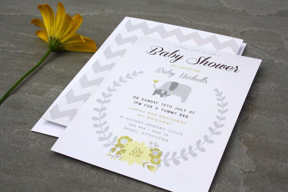 Baby Shower invitations Invitation Chevron elephants lemon grey bespoke wedding stationery