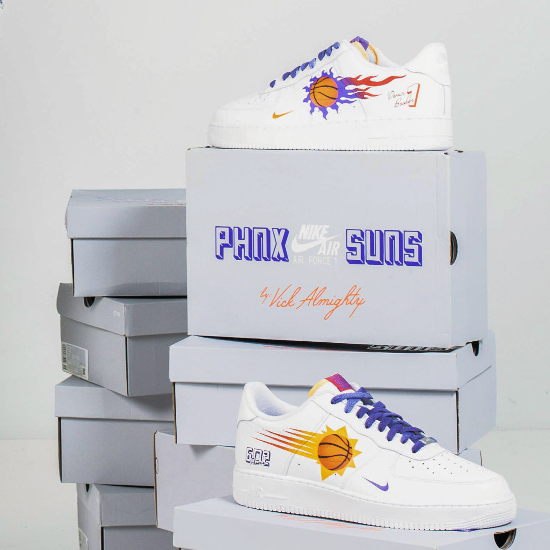 brand identity custom sneakers designs graphic design  lettering NBA design Packaging Phoenix Suns product design  type design typography  