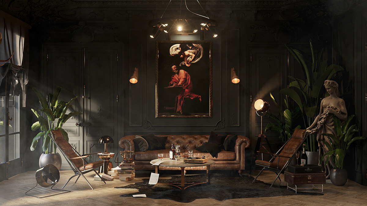 3dmodel 3dsmax architecth black design Hall Interior livingroom neoclassic Render