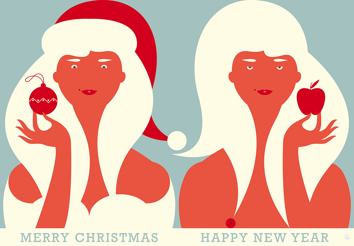 xmas happy new year woman apple Christmas red Vector Illustration White luca morandini
