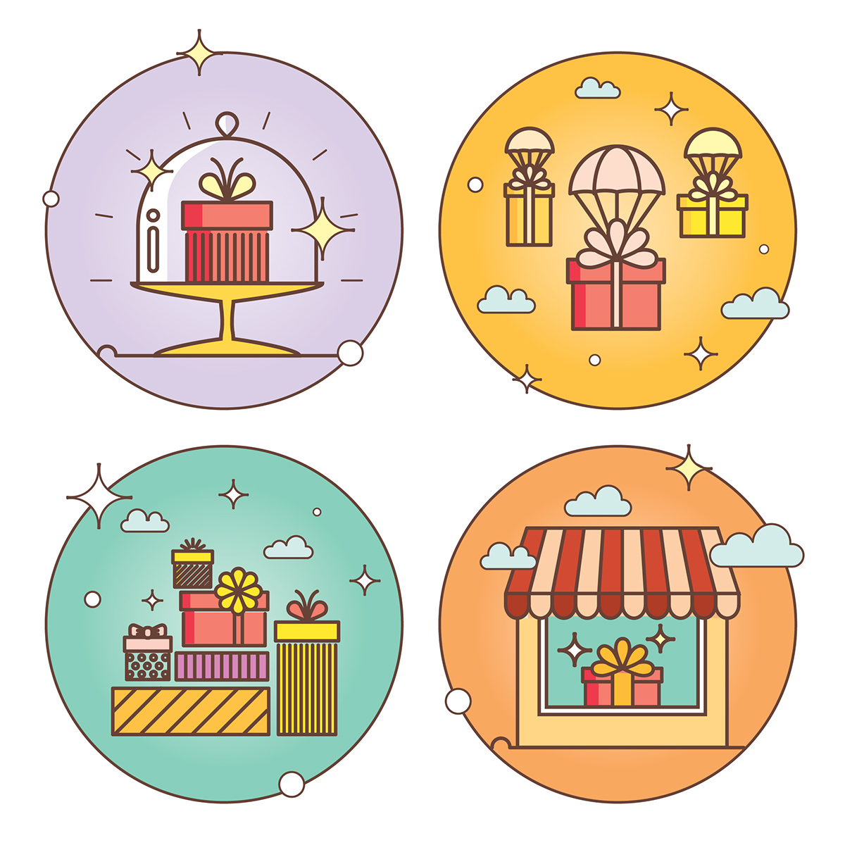 gift vector Icon shop store delivery stock range Personal approach outline line icons icons set new year surprise Christmas