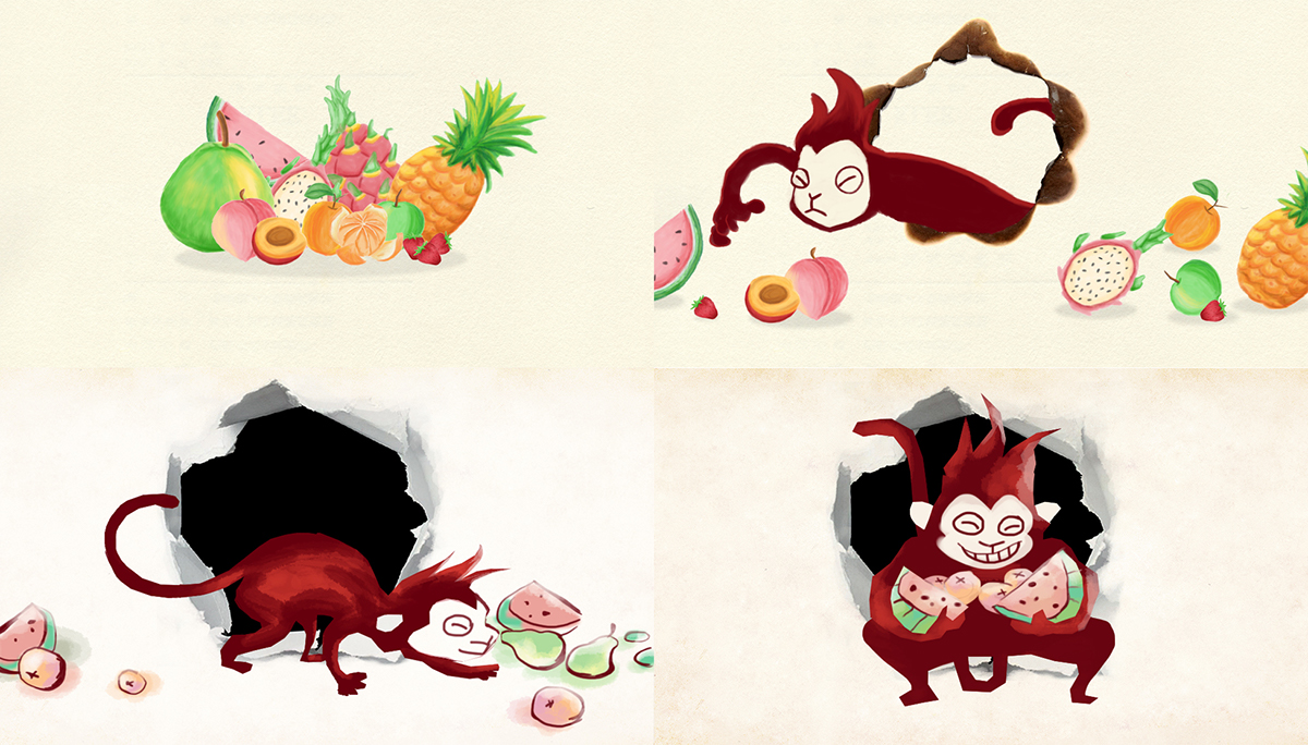 monkey character animation watercolor chinese new year 3D 2D fire monkey monkey year fruits prosperity compositing fire eyebelieve