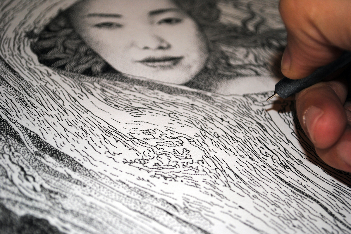 Pointillism stippling portrait black ink paper draw conceptual black & white dots art Realism Human Figure face Nature japanese