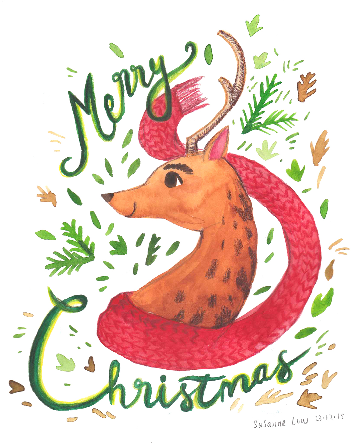 Adobe Portfolio 2015 Merry Christmas reindeer watercolour Handlettering ColorPencil portrait greeting