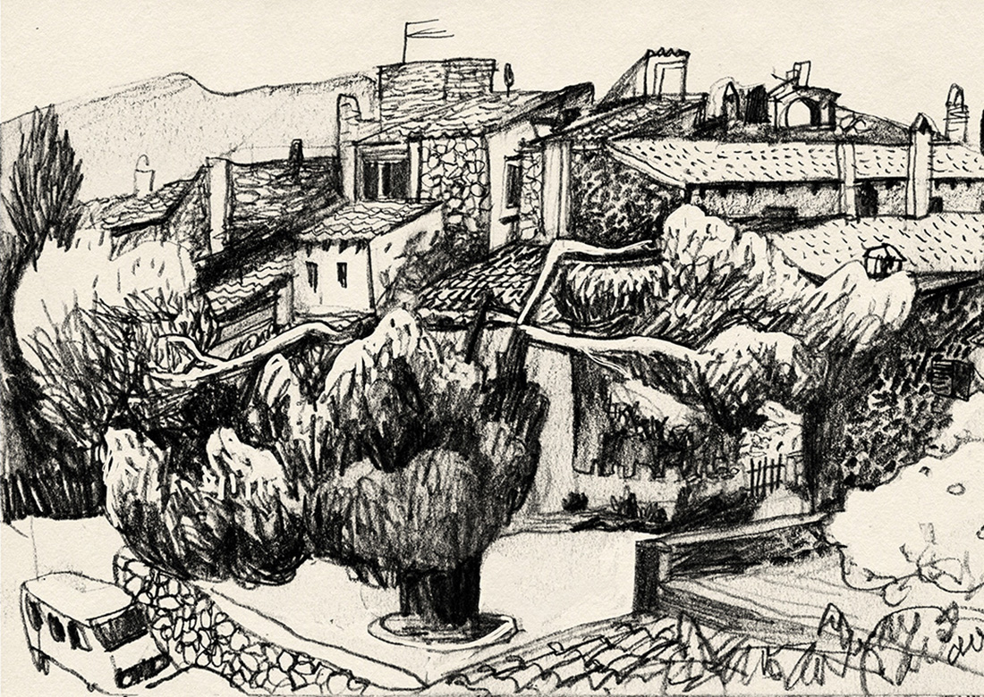 black and white sketch village old town