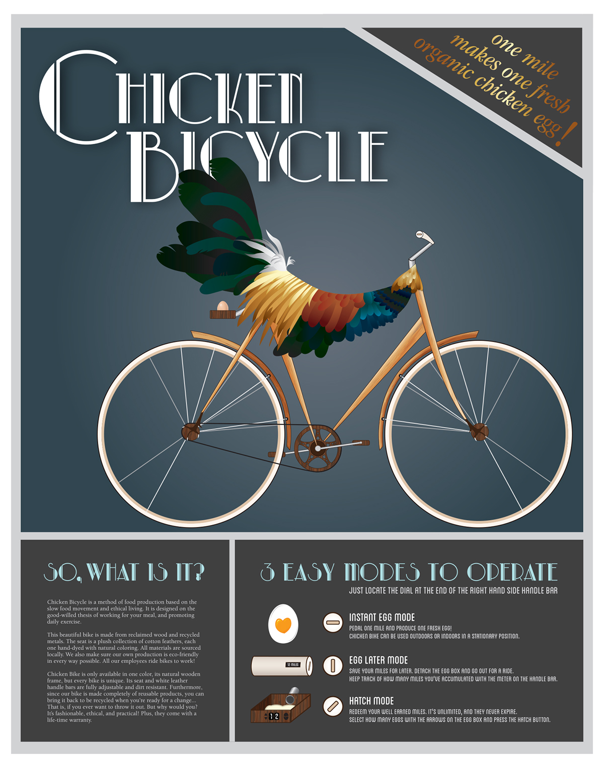 chicken Bicycle vintage French poster vector colorful wooden refurbished wood imaginary product invention egg slow food