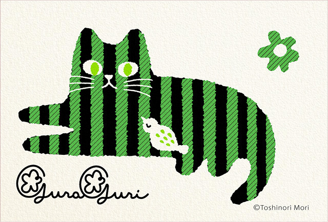 Cat bird postcard ILLUSTRATION  design GuraGuri postcrossing kawaii Toshinori Mori