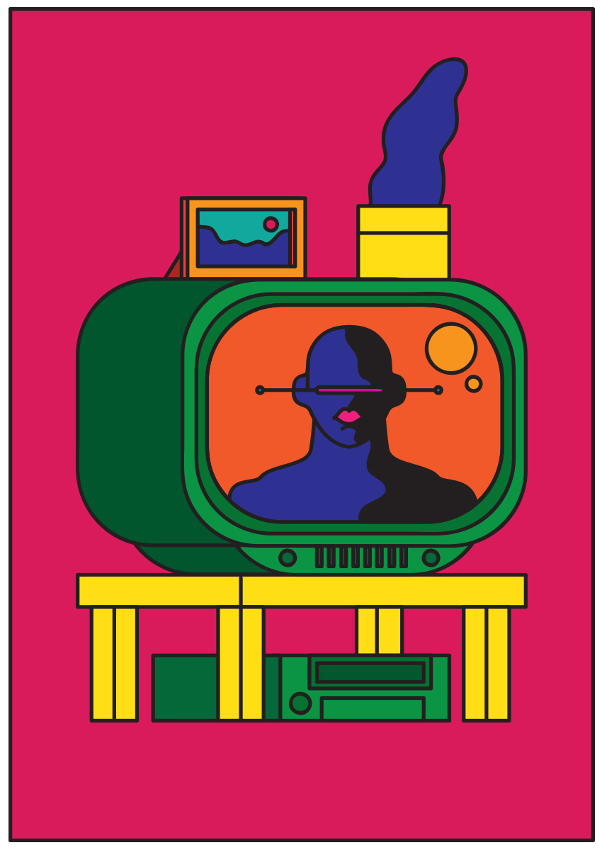 Retro bright colours tube television Tube TV robot Plant Picture vector