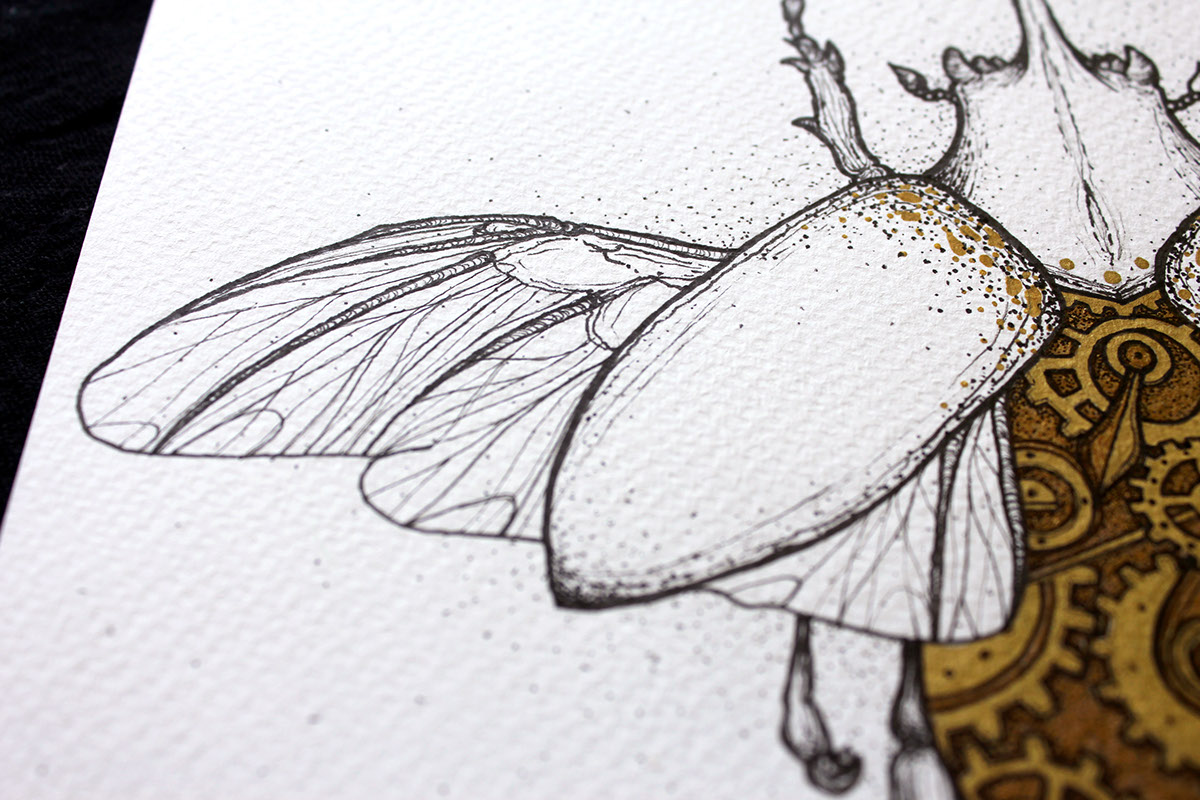 STEAMPUNK Rhinoceros beetle beetle bug animal gold engine gears oldgold dotwork artwork lineart art