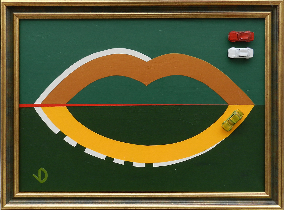 surreal highway lips road collage gold green acrylic