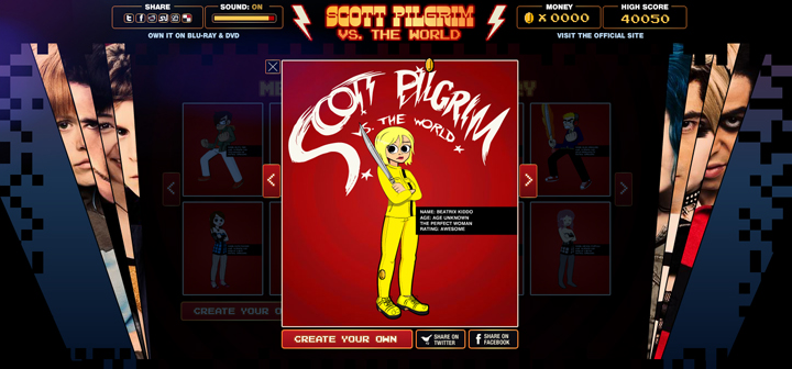 avatar creator 8bit movie scott pilgram upload feature ui design Flash Action Script characters illustrations Viral Campaign
