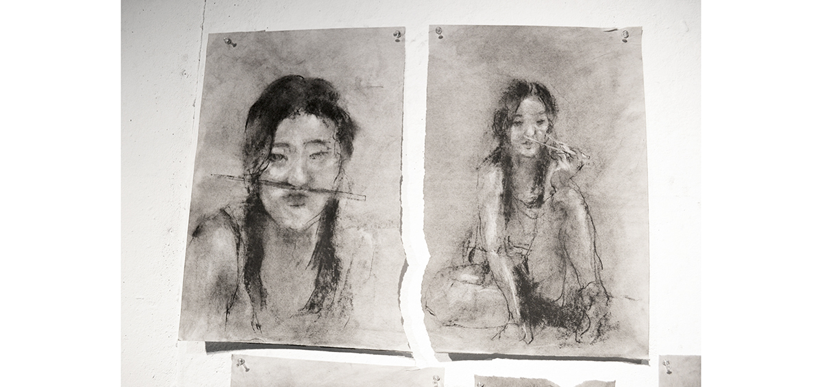 victor lara 50 series tiffany hui Left hand non dominant hand ambidextrous self portraits chopsticks charcoal tonal drawing foundation drawing