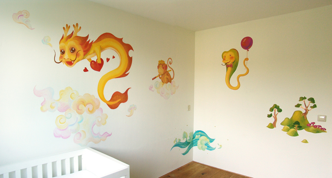 baby room Mural wall painting dragon mondey birds chinese cute