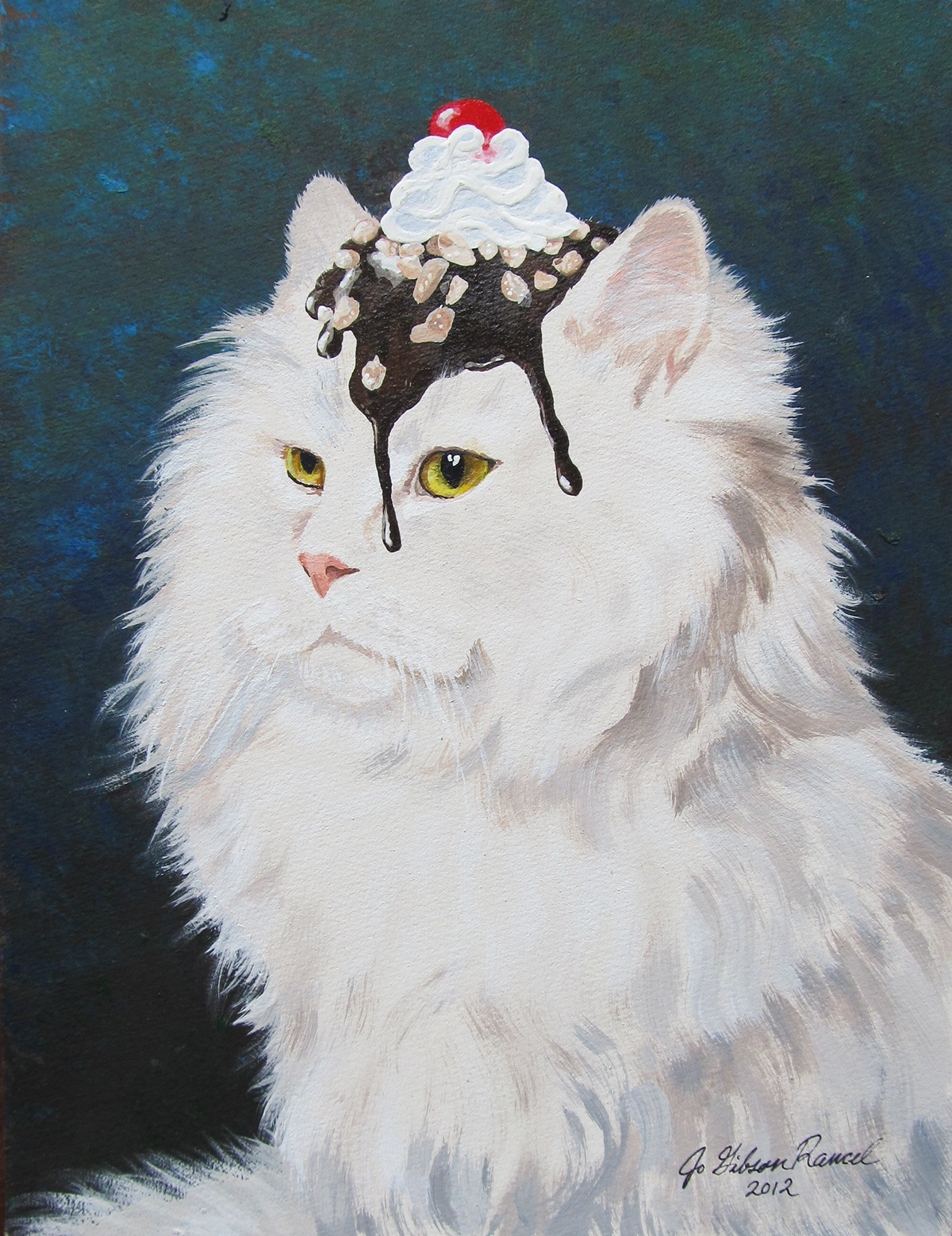 Cat  acrylic paint Food  sundae feline cats humor hot fudge cherry whipped cream nuts Fur White eyes