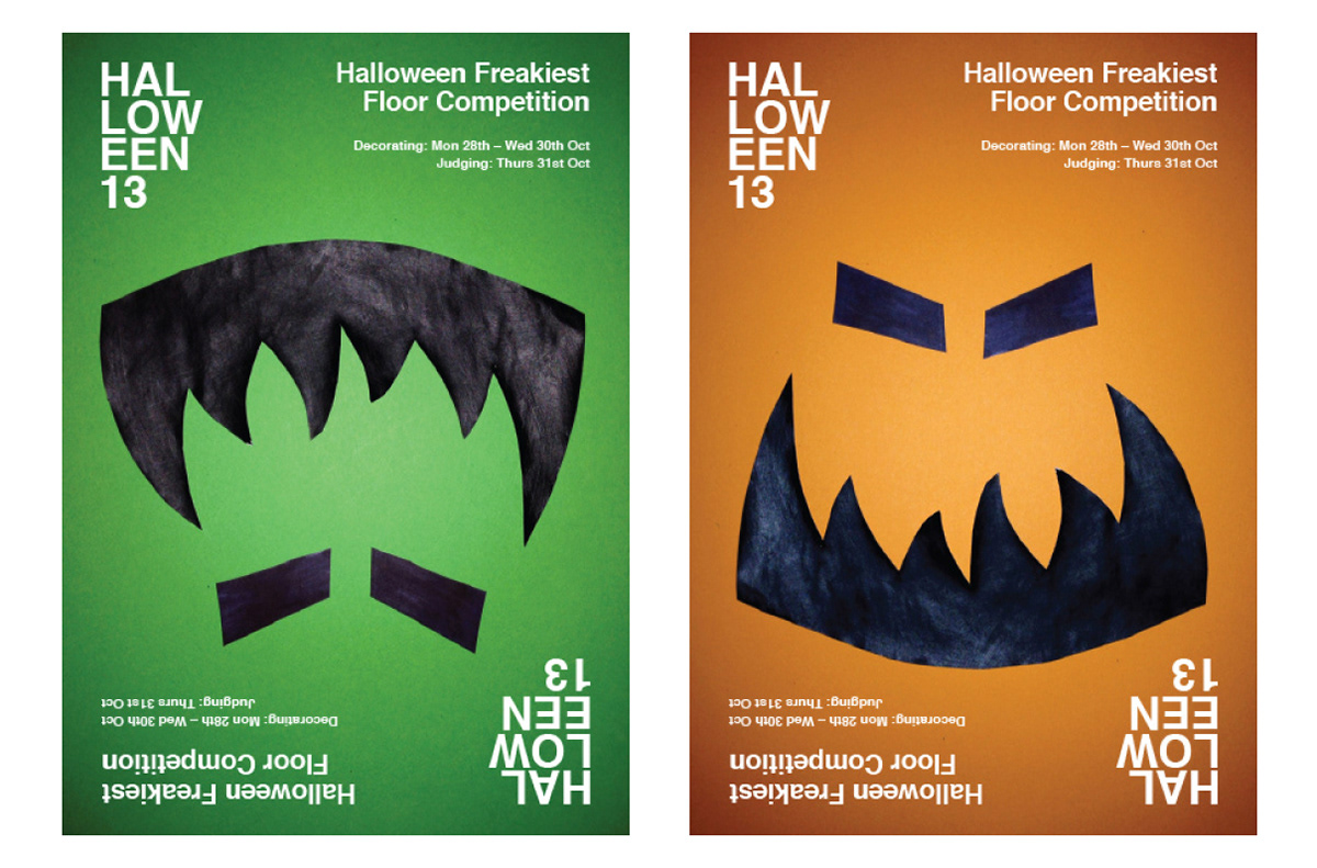 Halloween posters paint green orange shapes