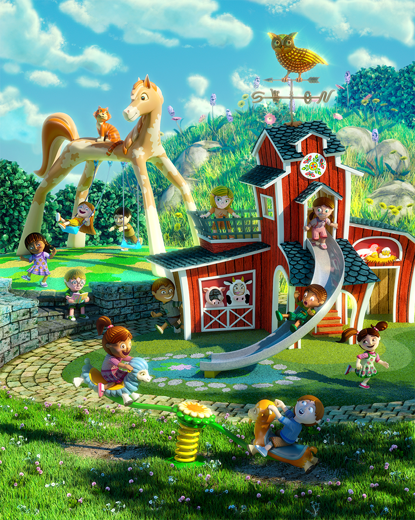 Playground modeling rendering children landscaping dog barn horse Cat swing play slide hills town train