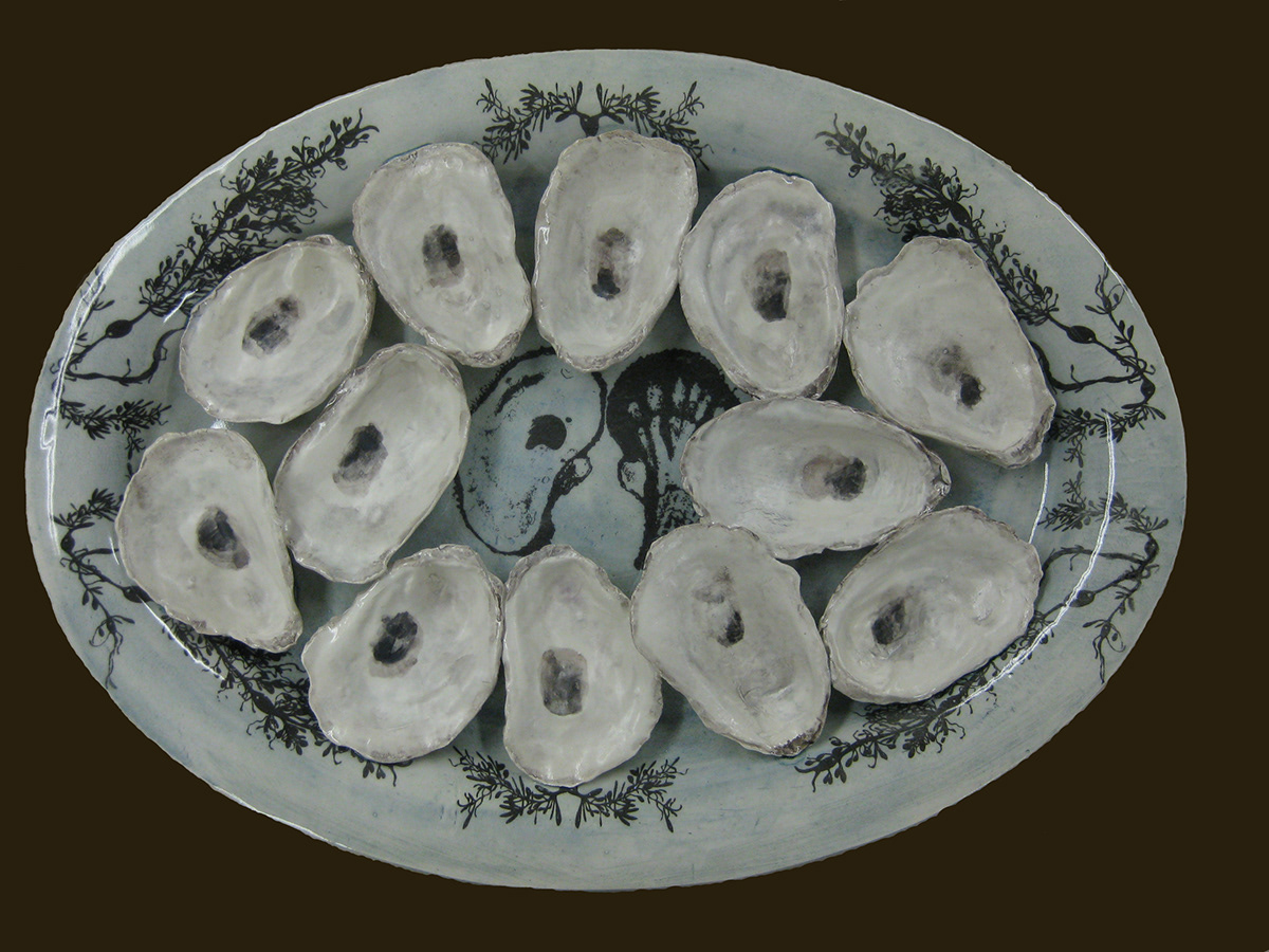 ceramic dinnerware  oyster plates Hand built ceramics tromp l'oeil culinary visuals ocean imagery  table top pieces