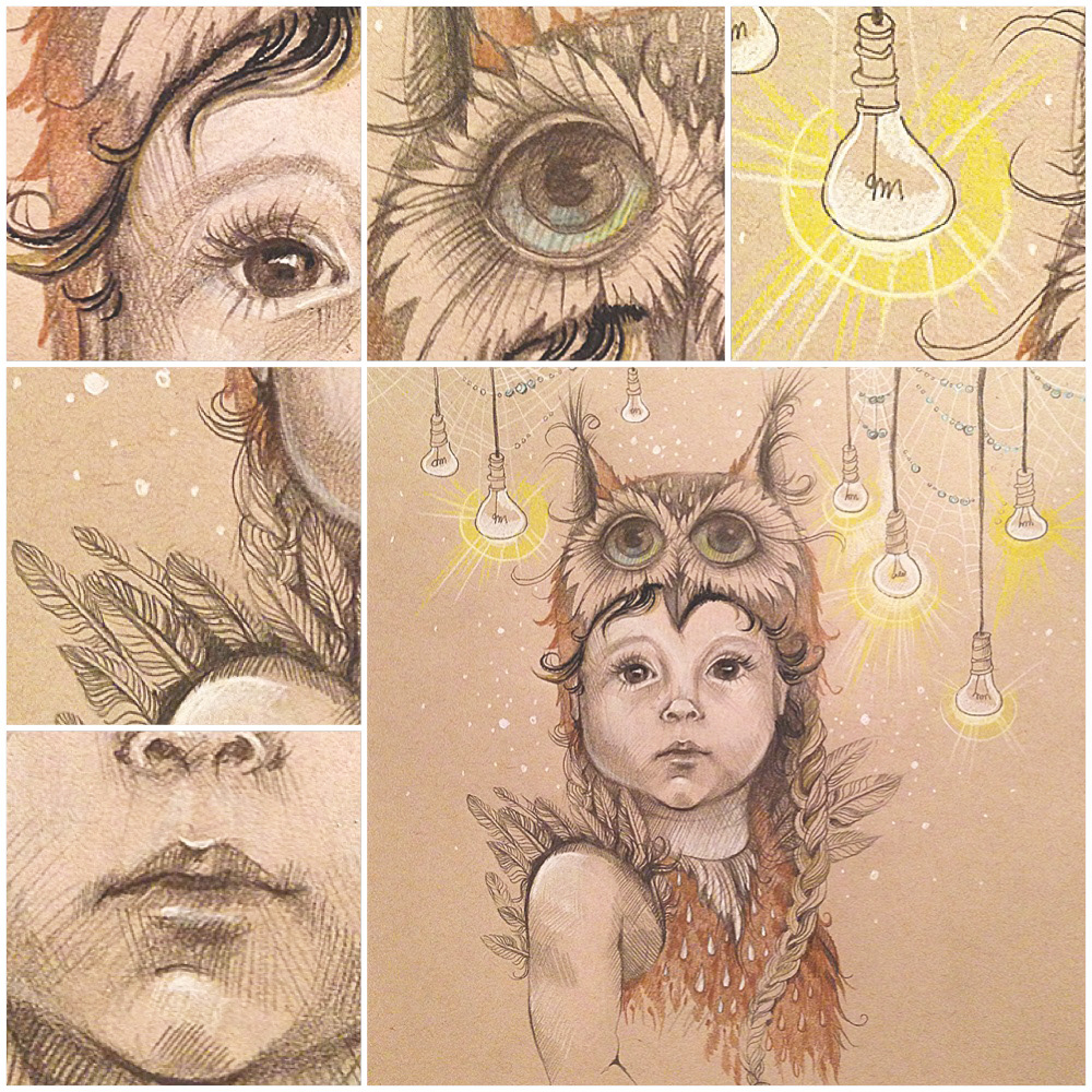 inspire inspiration portrait fairytale lights pencil charcoal TANPAPER owl Love eyes girl baby bird model