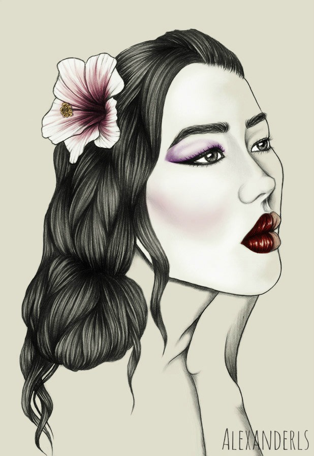 art fashion illustration portrait pencil Pencil drawing disney mulan flower hibiscus beauty pretty Fan Art Disney Princess hair geisha