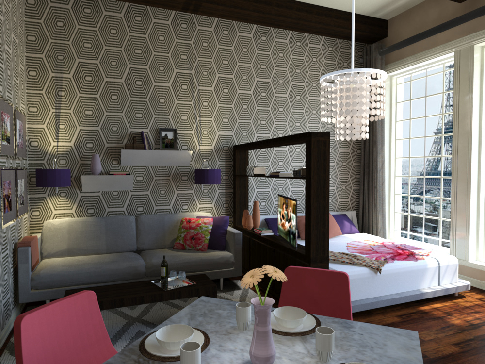 Studio apartment 3D Studio Max rendering Interior design Paris SketchUP