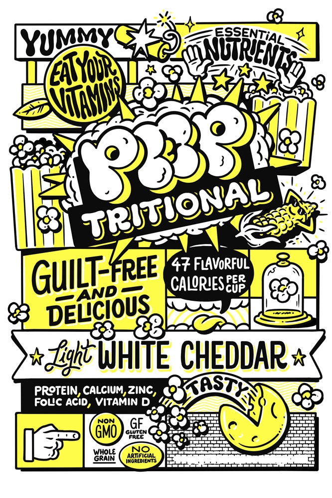 branding  cheddar comic panels ILLUSTRATION  kettle corn nutritional package design  Packaging popcorn vitamins