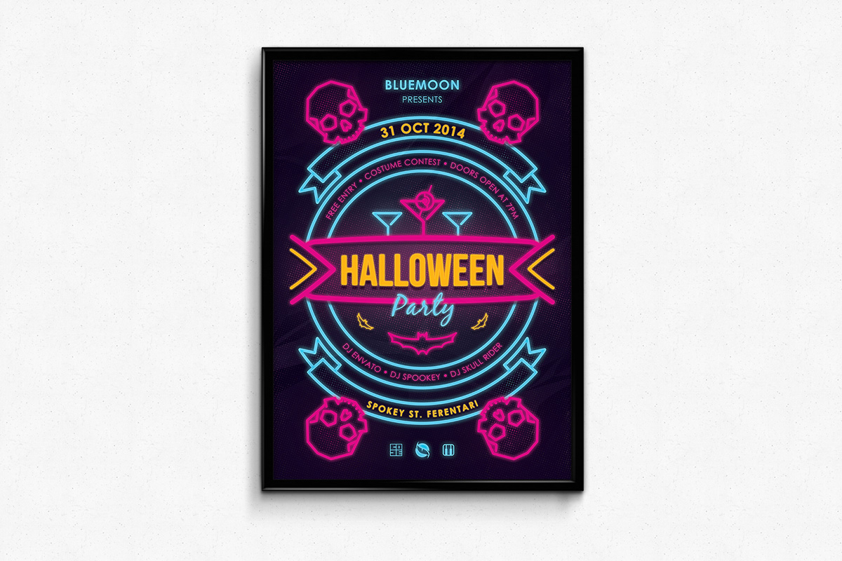 Halloween Scary skull vintage neon Retro old school party dj grungy vector flyer poster