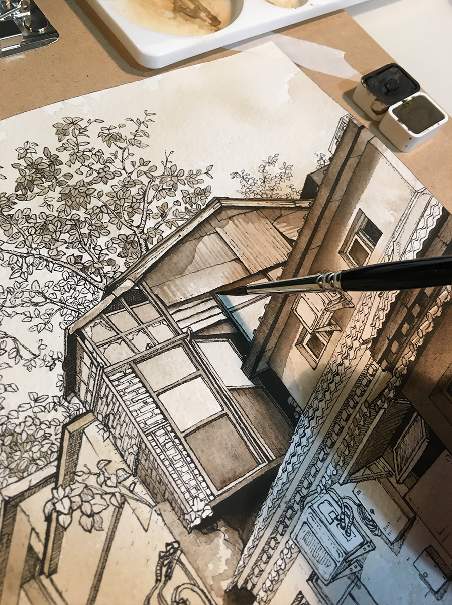 beijing china house old Attic Tree  spring Hutong city building Street roof watercolor